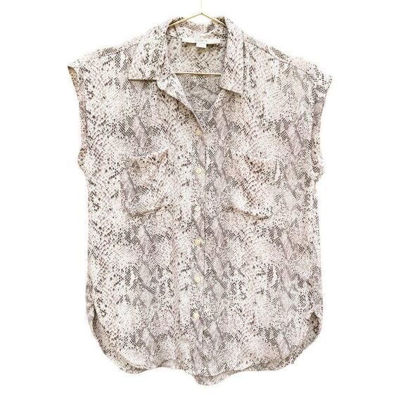 Ann Taylor LOFT Brown Light Pink Cap Sleeve Snakeskin Animal Print Button Up Top - Picture 1 of 8